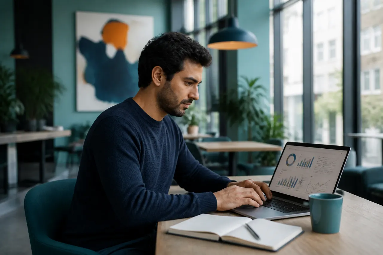 Fachmann arbeitet in einem Coworking-Space an einer digitalen Auswertung